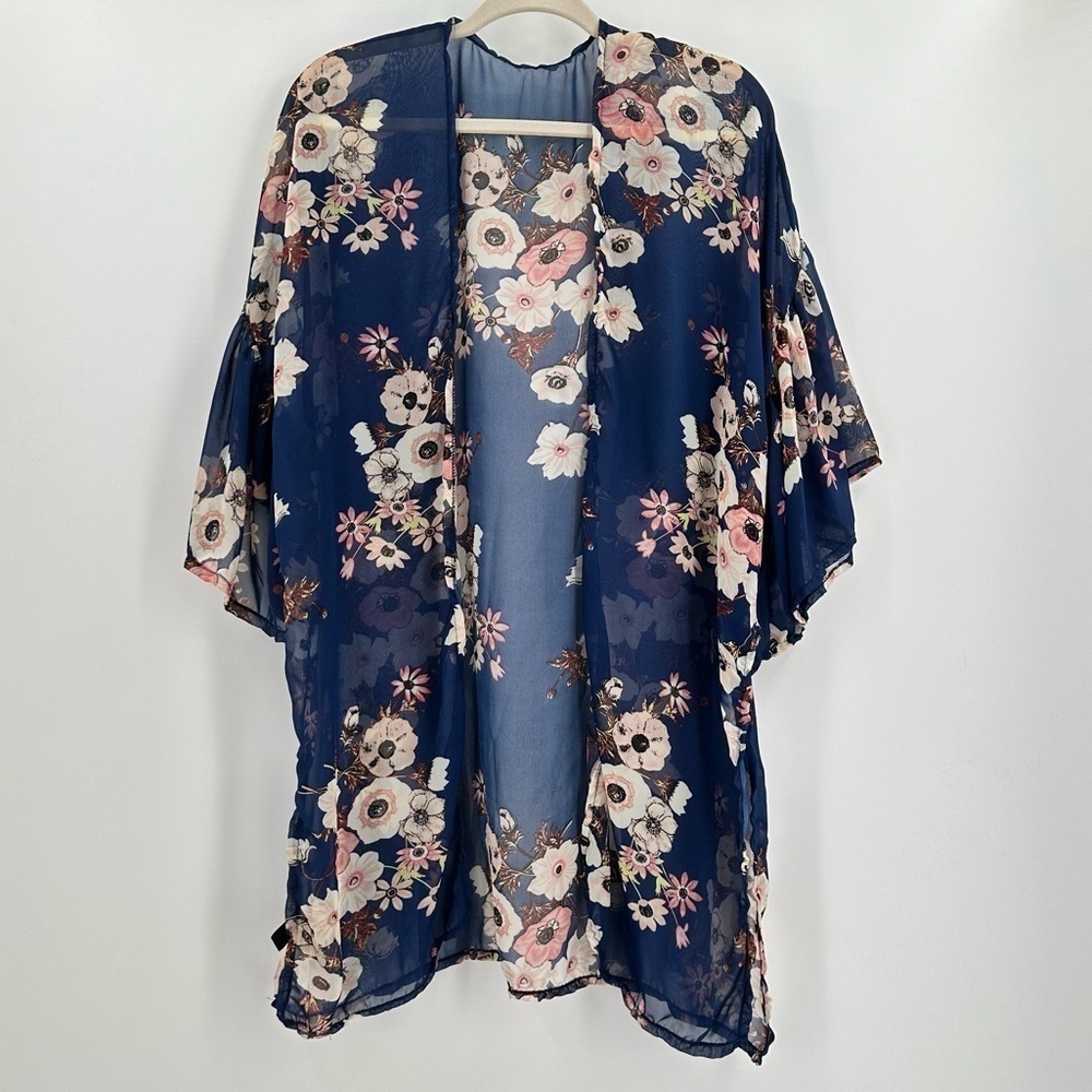 RIKKA The Cherry Blossom Kimono Navy Floral Open Front Women’s Sheer One Size